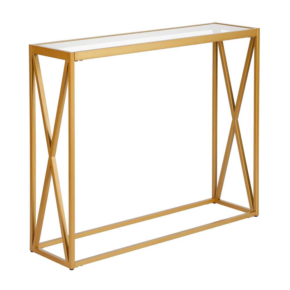Brass and Glass X-Base Hallway Table with Storage