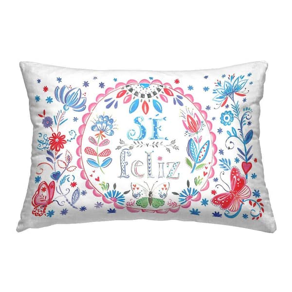 Be Happy Floral Butterflies Blue Floral Polyester 14 in. x 20 in. Indoor Throw Pillow