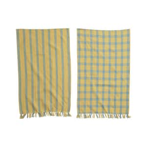 Yellow Plaided Woven Cotton and Linen Tea Towels with Fringe (Set of 2 Styles)