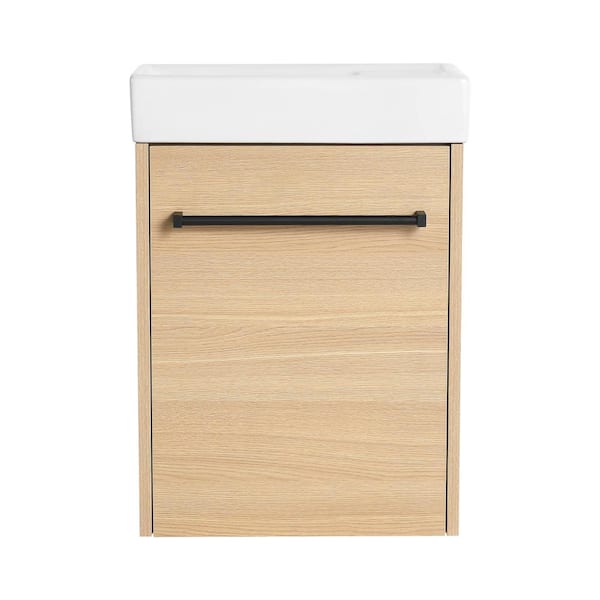 16 in. Single Sink Floating Oak Bath Vanity with White Ceramic Top (Assembled), Soft-Close Doors and Handle Design
