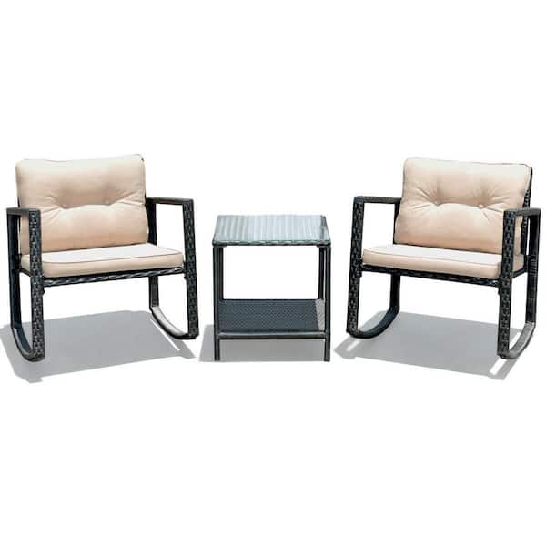 Gymax 3-Piece Rattan Rocking Chair Sofa Unit Garden Patio Furniture with Wheat Cushions