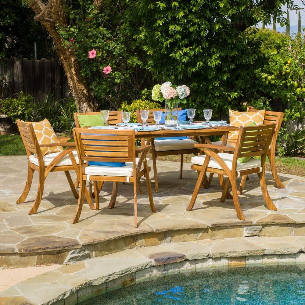 Light Brown 7-Piece Acacia Wood Rectangle Outdoor Dining Set with Beige Cushions price history on PriceWatchPro