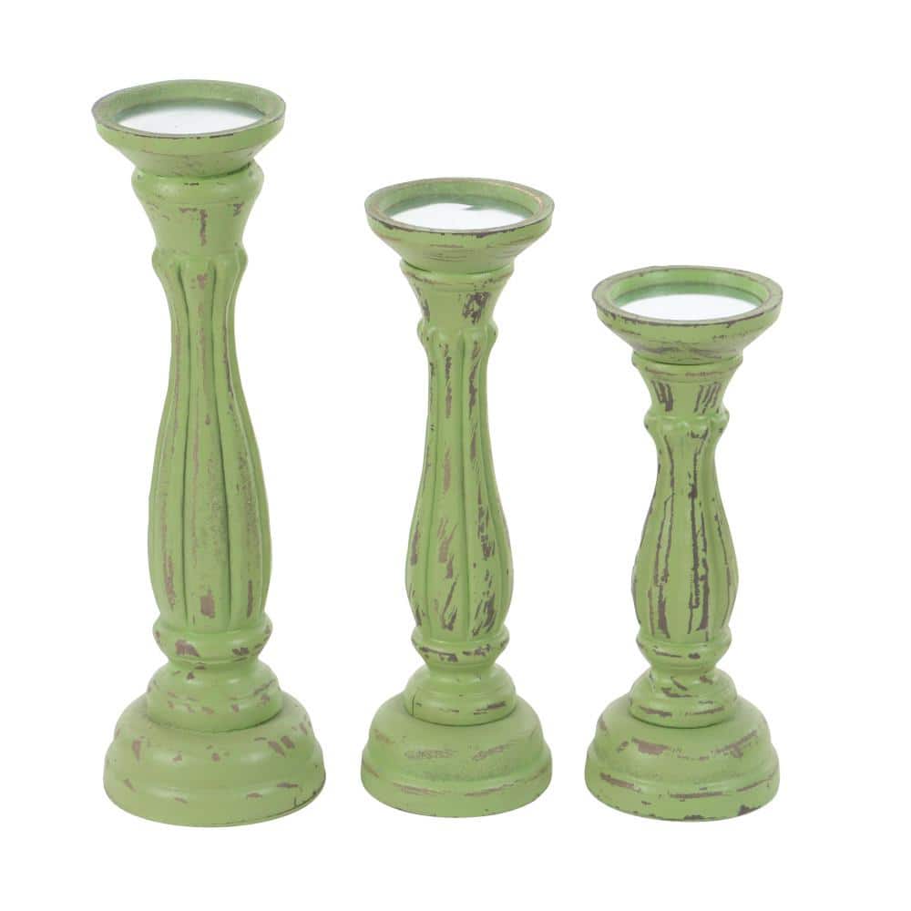 Elegant Green Wood Candle Lantern Trio 15" Height