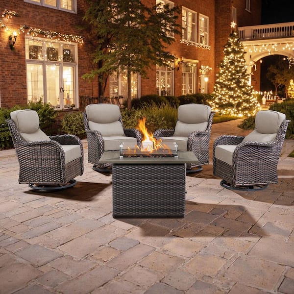 4 Seat 5-Piece Brown Wicker Outdoor Fire Pit Patio Set with Beige Cushions, Swivel Chairs and Square Fire Pit Table