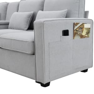 114.20 in. Straight Arm Polyester Rectangle Sofa in Light Gray with Console, Cup Holders and USB Ports