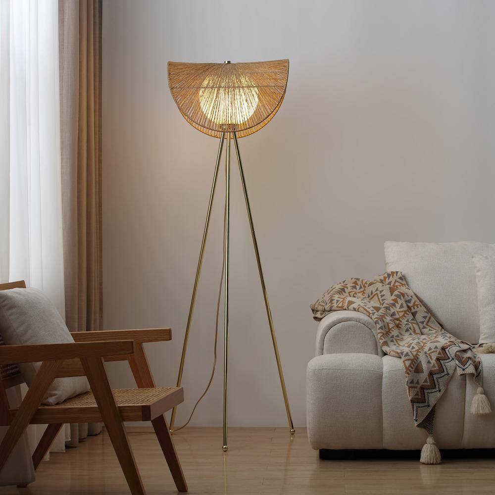 Adjustable Brass Tripod Floor Lamp with Rattan Shade