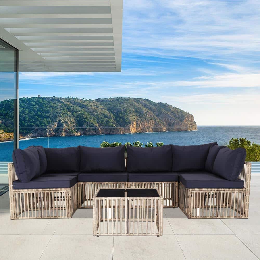 Grey 7-Piece Wide Rattan Wicker Outdoor Patio Sectional Set with Blue Cushi