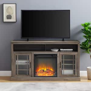 58 in. Grey Wash Wood and Glass Windowpane TV Stand Fits TVs up to 65 in. with Electric Fireplace