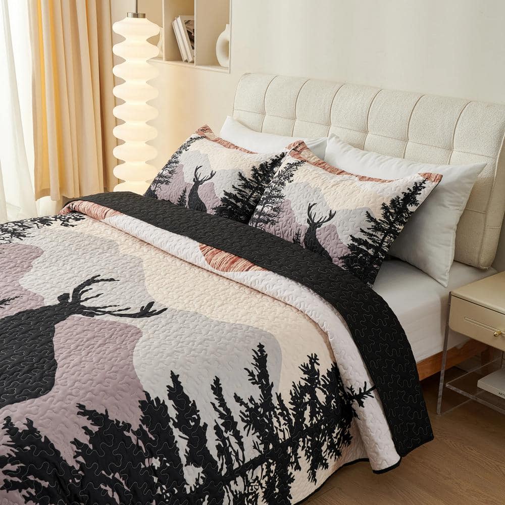 Black and Beige Reversible Queen Quilt Set with Animal Print