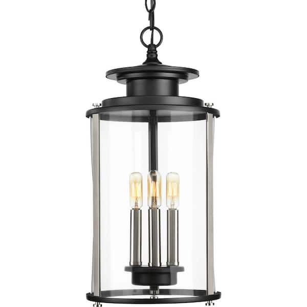 Progress Lighting Squire Collection 3-Light Matte Black Clear Glass New Traditional Outdoor Hanging Lantern Light