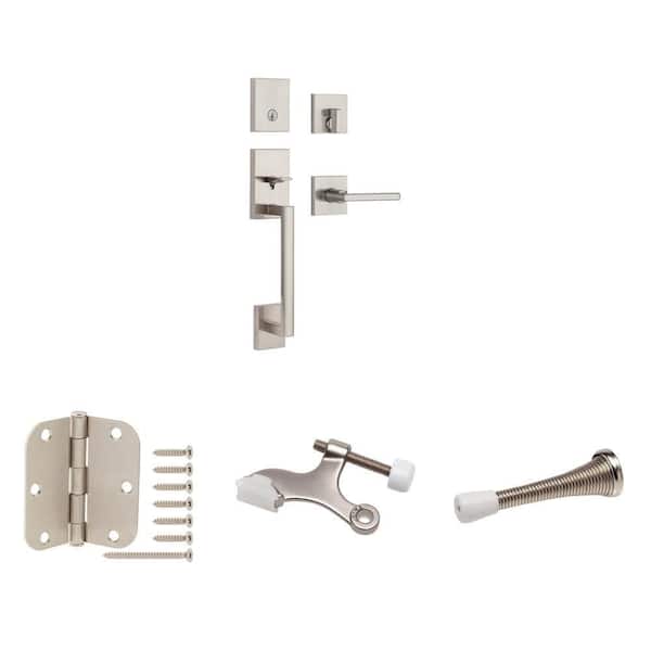 San Clemente Satin Nickel Handleset with SmartKey, 3-1/2 in. Hinge (3-Pack), Hinge Pin Stop (5-Pack) and Spring Stop