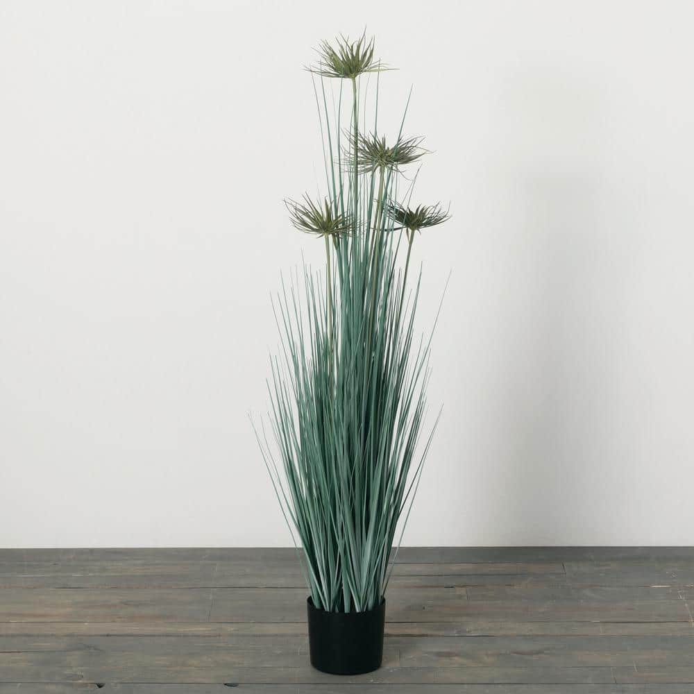 47" Green Plastic Grass Topiary in Woven Basket
