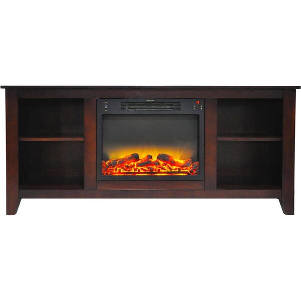 Hanover Bel Air 63 in. Electric Fireplace and Entertainment Stand in Mahogany with Enhanced Log Display