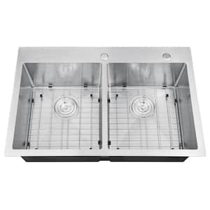 Handmade Stainless steel 33 inch Double Bowls Top Mount Scratch-Resistant Nano Drop-in Kitchen Sink With Bottom Grid