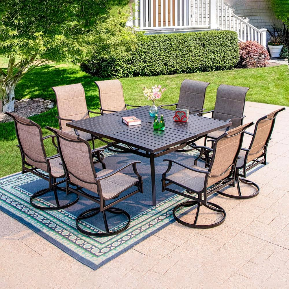 PHI VILLA Black 9-Piece Metal Outdoor Patio Dining Set with Slat Square ...