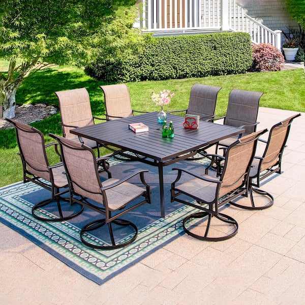 PHI VILLA Black 9-Piece Metal Outdoor Patio Dining Set with Slat Square Table and Padded Textilene Swivel Chairs