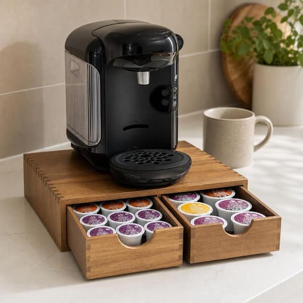 Wooden Drawer 2-Drawer Natural Wood Finish Under-Coffee Machine Storage Box Coffee Pod Organizer Holder with 30 Capacity