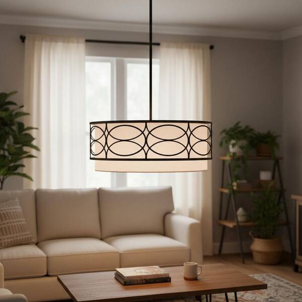 4-Light Black and White Drum Chandelier, Round Fabric Shade with Drum Design for Dining Room and Living Room Ceiling