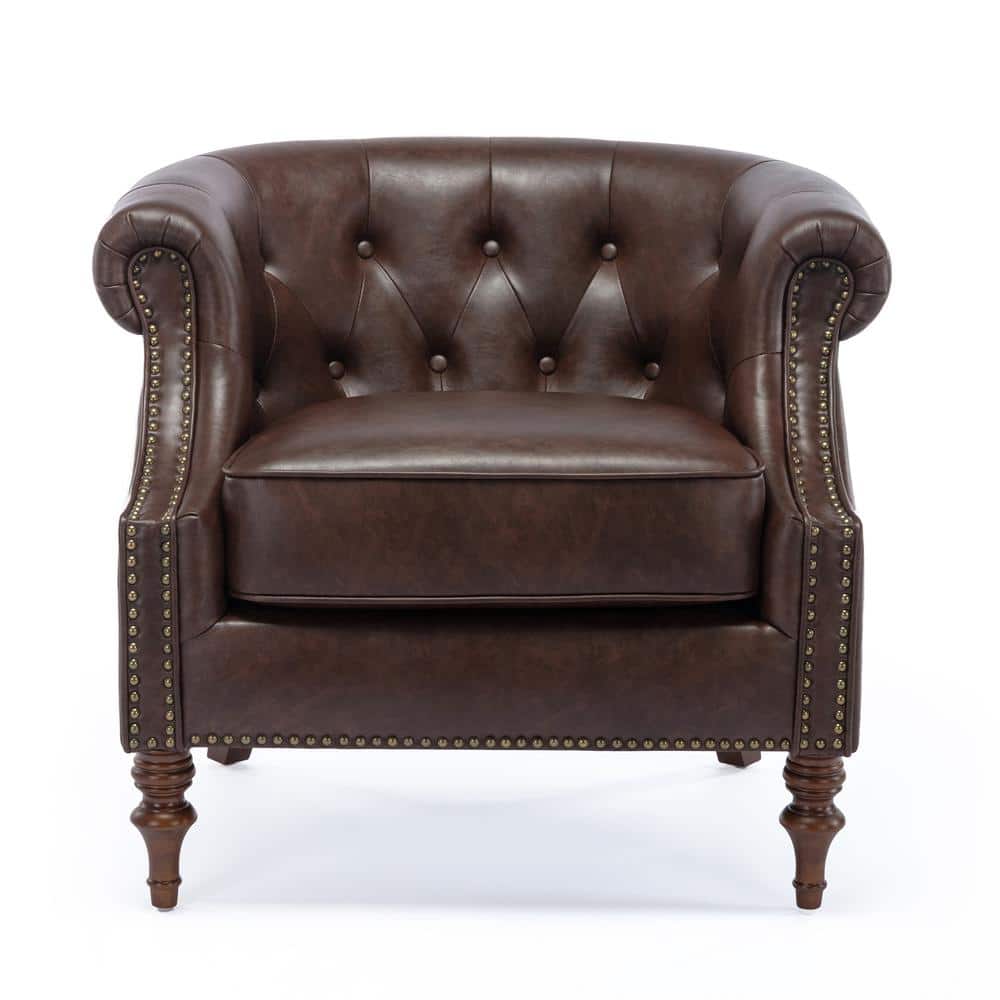 Chesterfield Brown Faux Leather Barrel Accent Chair