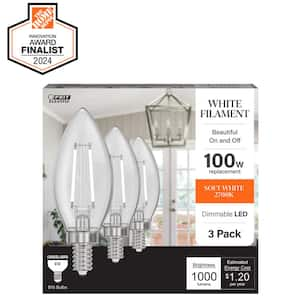 100-Watt Equivalent B10 E12 Candelabra Dimmable White Filament Clear Chandelier LED Light Bulb Soft White 2700K (3-Pack)