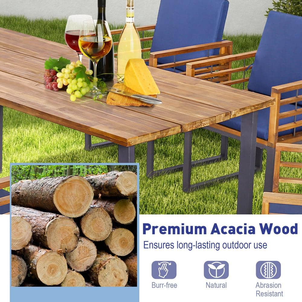 7-Piece Acacia Wood and Metal Outdoor Dining Set with Navy Cushions