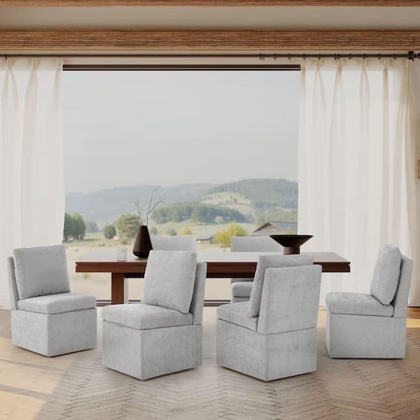 Stansberry Chenille Light Gray Fabric Upholstered Armless Dining Chair with Lift-Seat Storage, Caster Wheels (Set of 6)