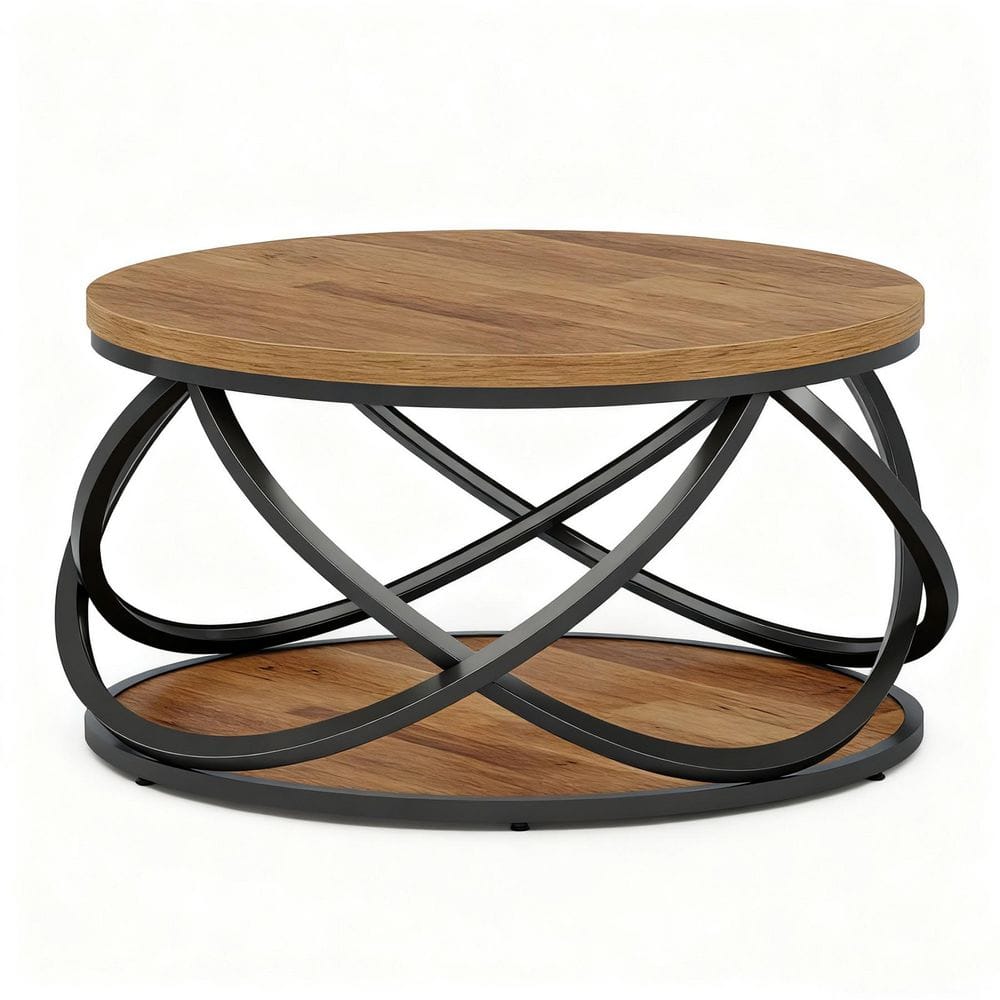 Allan 31.5 in. Brown Round Wood 2-Tier Coffee Table Circle Center Table Rustic Accent Cocktail Table with Storage