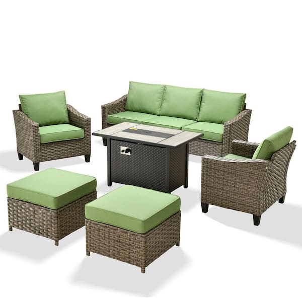 Rosy 6-Piece Wicker 5-Seat Outdoor Fire Pit Furniture Patio Conversation Sofa Seating Set with Green Cushions