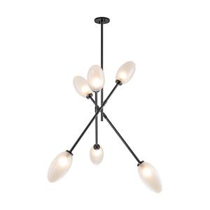 Megan 6-Light Black Dimmable Modern Linear Chandelier with Olive Shaped Opalescent Glass Shades