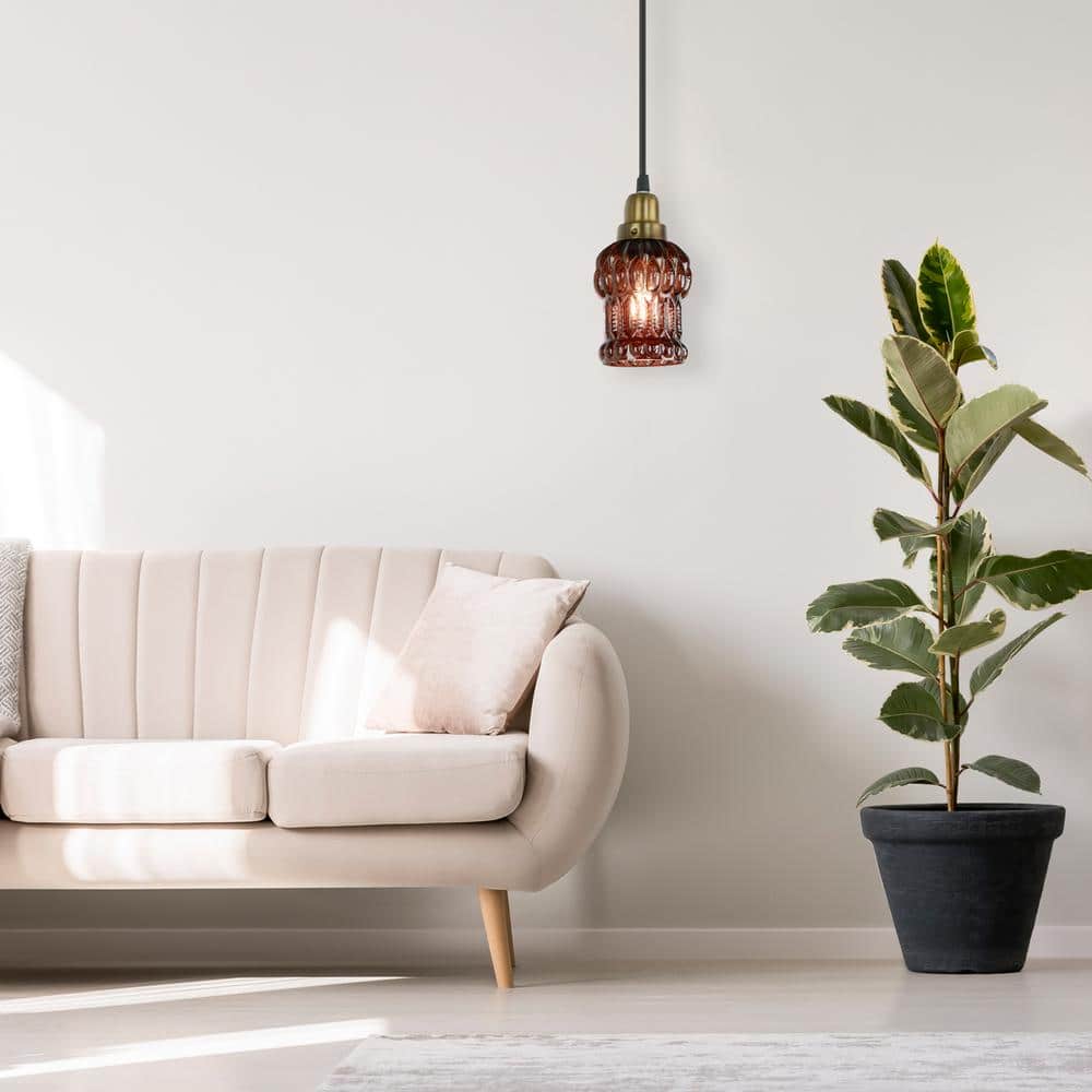 Brown Textured Glass and Gold Metal Pendant Light