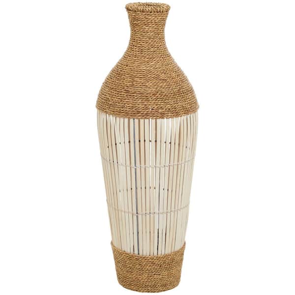 Litton Lane 32 in. Brown Handmade Wrapped Tall Floor Seagrass Decorative Vase with Open Framed Cream Bamboo Center