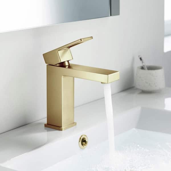 Single Hole Cubic Single Handle Bathroom Vanity Sink Faucet with Pop Up Drain in Brushed Gold