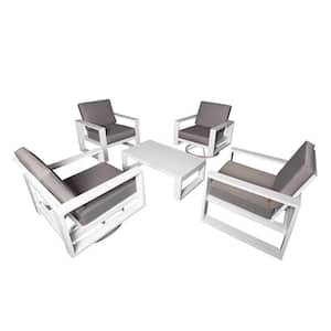 5-Piece Aluminum Patio Conversation Set with Gray Cushions and White Coffee Table - 2 Armchairs plus 2-Swivel