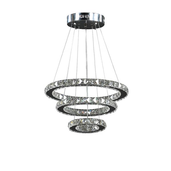 ORE International Alva Large Crystal Triple Hoop Integrated LED Chrome Silver Chandelier with Remote Control