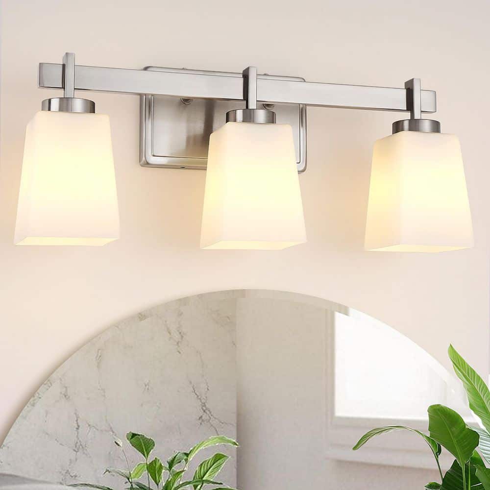19.7 in. 3-Light Brushed Nickel Bathroom Vanity Light with Frosted Glass Square Shades Classic Contemporary Wall Sconce price history on PriceWatchPro