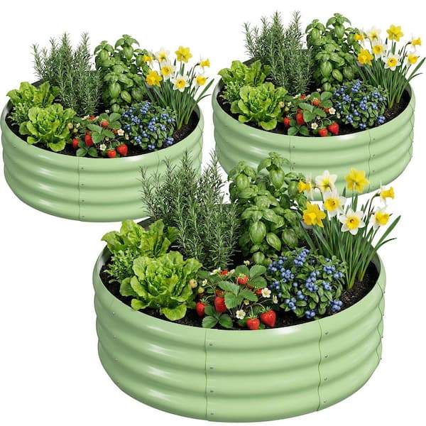 3-Pack Round Galvanized Raised Garden Bed, 3 ft. W x 1 ft. H Metal Garden Bed Outdoor, Above Ground Planter Box, Green