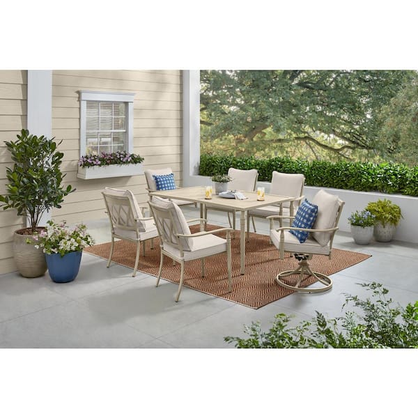 Rosehill 7-Piece Alabaster Steel Outdoor Patio Dining Set with CushionGuard Biscuit Cushions