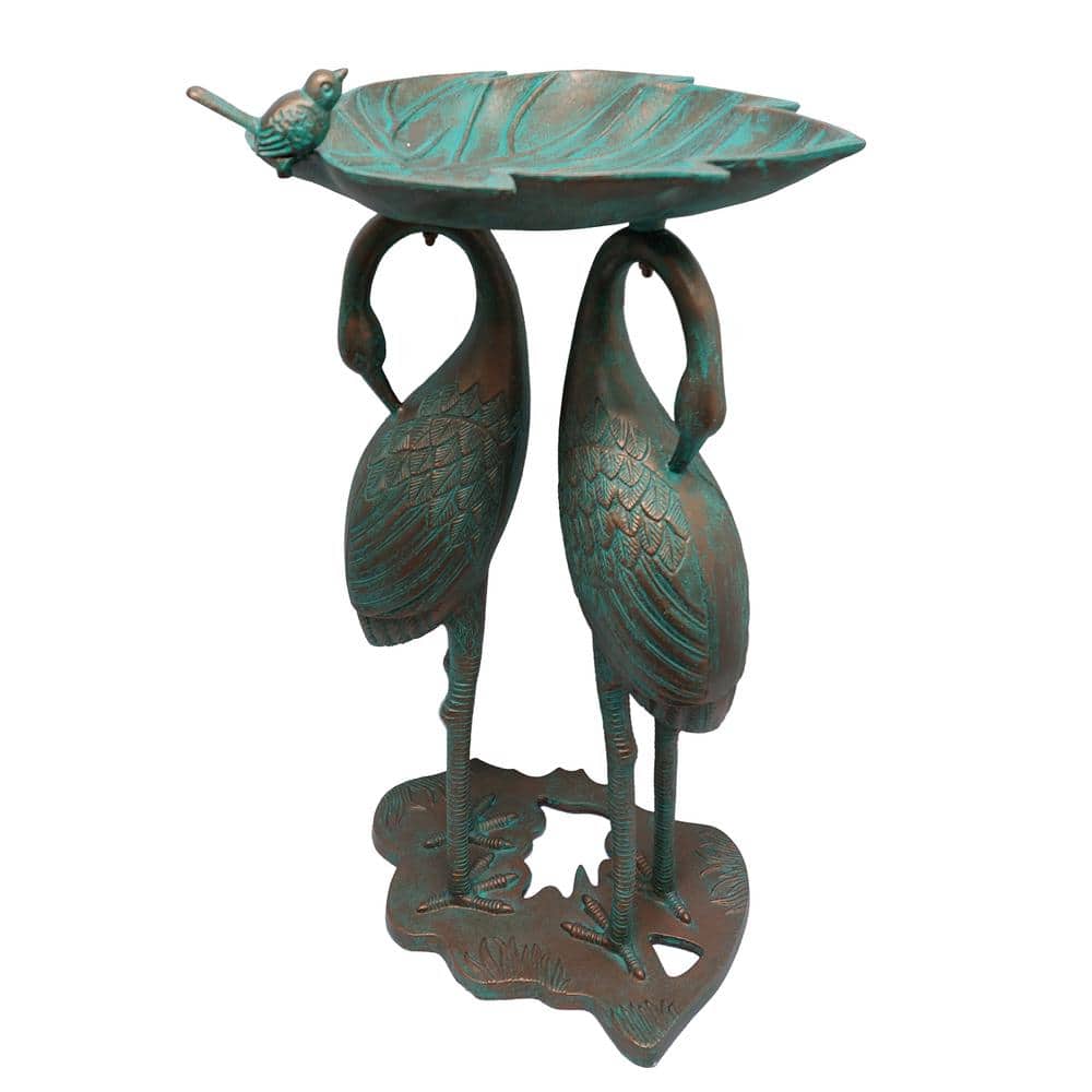 Copper Patina Cast Aluminum Twin Crane Bird Bath with Leaf Bowl