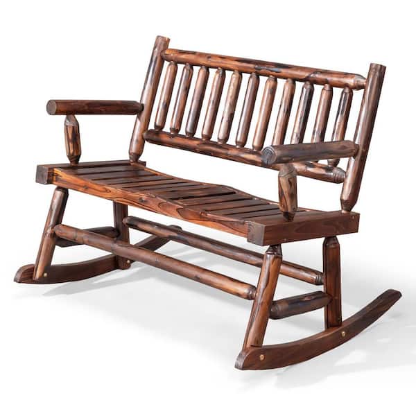 2-Person Brown Wood Outdoor Rocking Chair