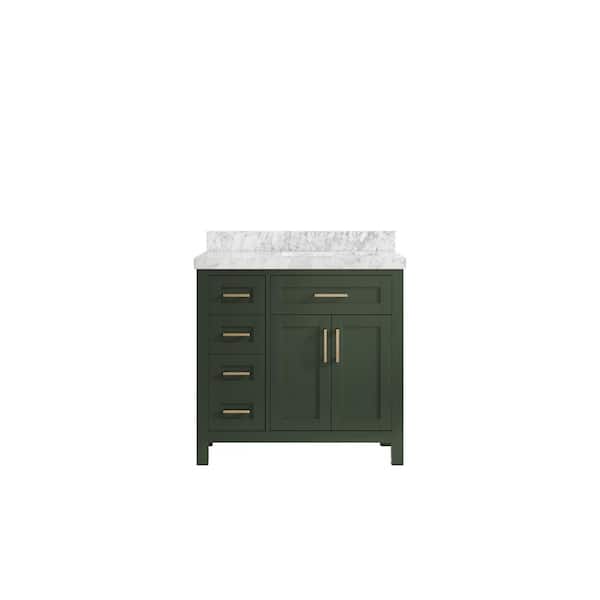 Willow Collections Cambridge 36 in. W x 22 in. D x 36 in. H Right Offset Sink Bath Vanity in Pewter Green with 2 in Carrara Marble Top
