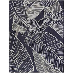 Palm Leaves Navy 8 ft. x 10 ft. Indoor/Outdoor Patio Area Rug