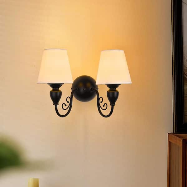 PAKOKULA Farmhouse 16.54 in. 2-Light Black Wall Sconce with White Fabric Shade