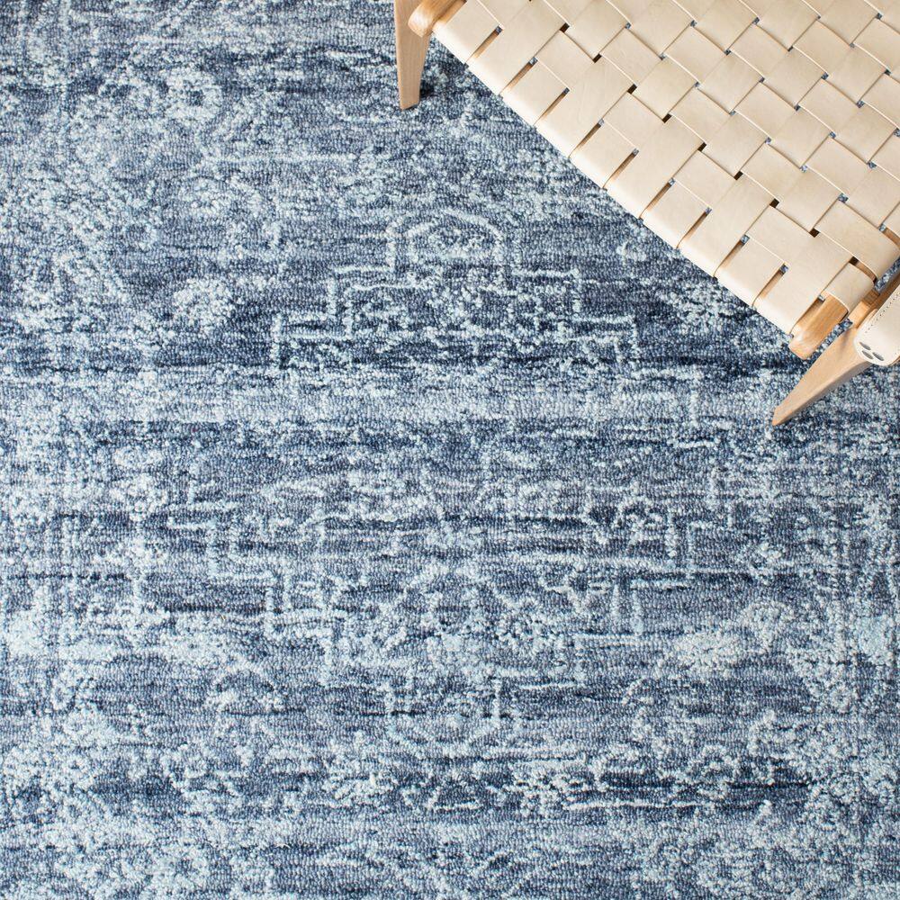 Navy Blue Geometric Hand-Tufted Wool Runner Rug