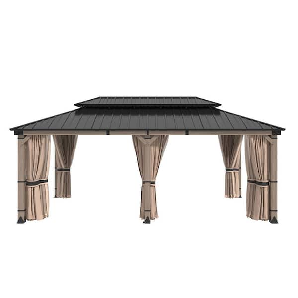 Clihome 12 ft. x 20 ft. Fir Wood Gazebo with Galvanized Steel Hardtop Double Roof, Insect Screens and Privacy Curtains