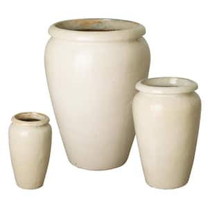 20 in., 29 in., 39 in. H Ceramic Tall Jar Planter S/3, Distressed Cream