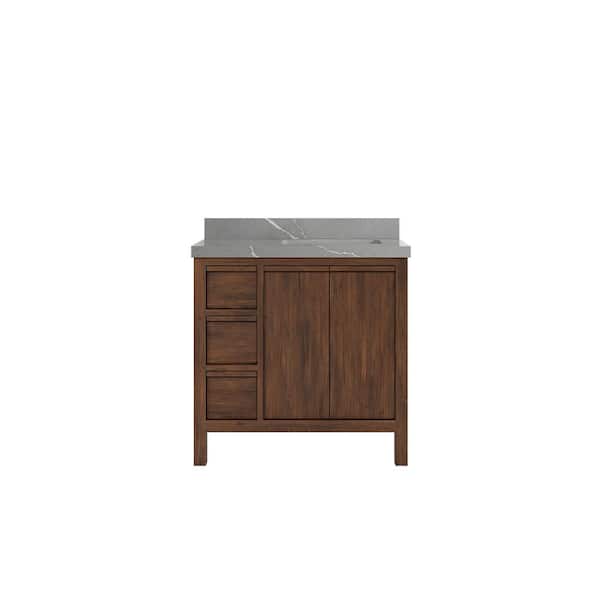 Willow Collections Elizabeth Teak 36 in. W x 22 in. D x 36 in. H Right Offset Sink Bath Vanity in Dark Walnut with 2" Piatra Quartz Top
