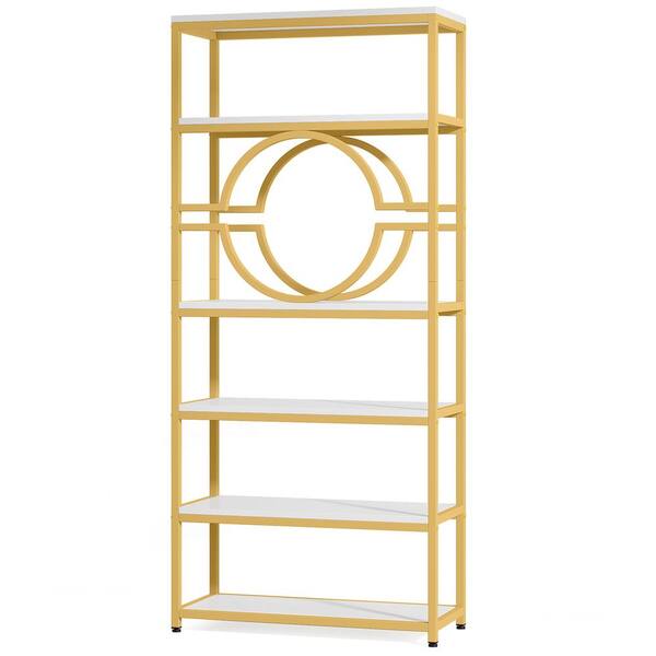 BYBLIGHT 74.2 in. Tall White and Gold Engineered Wood 6-Shelf Bookcase Open Storage for Home Office