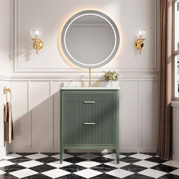 30 in. W Single Sink Solid Wood Bath Vanity in Vintage Green with White Engineered Marble Top, Soft-Close
