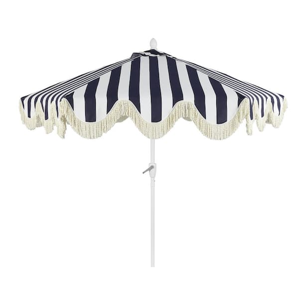 Collins 9 ft. Classic Cottage Fringe Tassel Market Patio Umbrella in Navy and White Stripe/Cream, White Pole