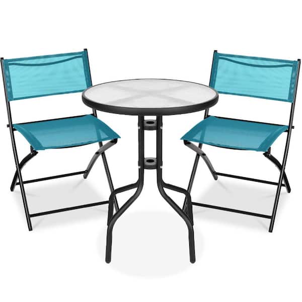 Best Choice Products Peacock Blue Metal 3-Piece Steel Outdoor Patio Bistro Set with Textured Glass Table Top, Folding Chairs